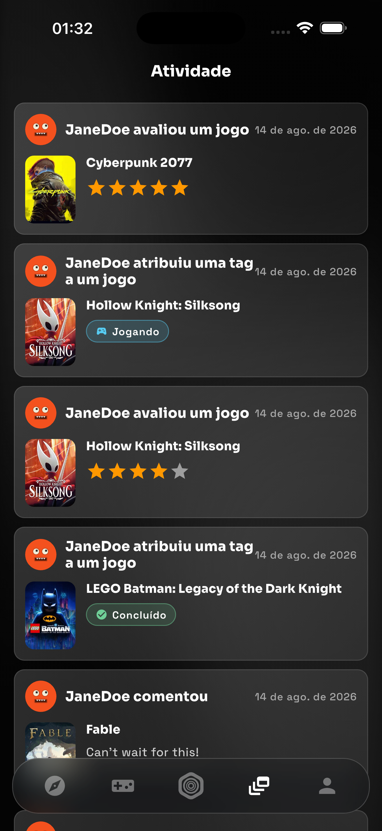 Página de atividade Gameedy