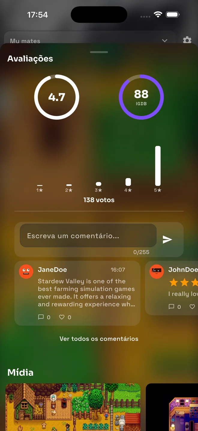 Seção de comentários em ficha de game Gameedy